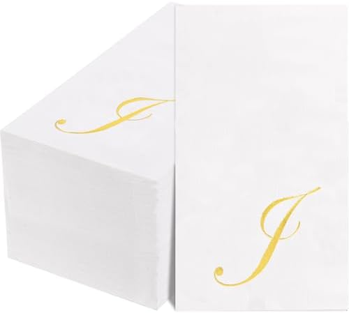 BUCLA 100PCS Gold Monogram Paper Napkins Letter J – Disposable Paper Napkins Elegant Metallic Golden Foil Gold Paper Napkin for Wedding, Birthday Party&Thanksgiving