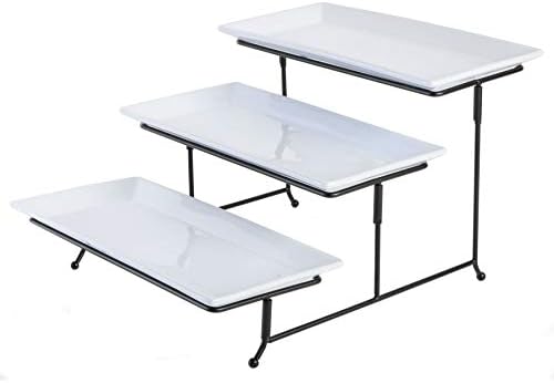 Gibson Home Gracious Dining Dinnerware, 3-Tier Rectangle Plate Set with Metal Stand, White