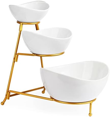 LAUCHUH 3 Tier Serving Stand Serving Dishes for Entertaining Porcelain Oval Fruit Bowl Set Tiered Serving Tray for Fruit, Vegetable, Nuts, Snack, Salad, Chip Dip Bowl Set for Christmas, Gold