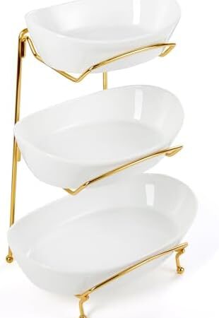 Yedio Fruit Bowls for Kitchen Counter, 3 Tier Ceramic Fruit Basket with Serving Bowls Metal Stand, Tiered White Porcelain Bowls for Fruit Vegetable Storage, Snack, Nuts, Cake, Dessert