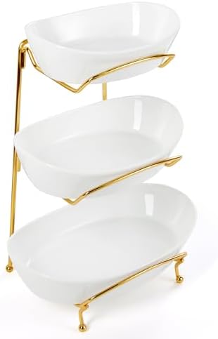 Yedio Fruit Bowls for Kitchen Counter, 3 Tier Ceramic Fruit Basket with Serving Bowls Metal Stand, Tiered White Porcelain Bowls for Fruit Vegetable Storage, Snack, Nuts, Cake, Dessert