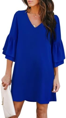 BELONGSCI Women’s 2024 Summer Dress Sweet & Cute V-Neck Bell Sleeve Shift Dress Mini Dress, Perfect for Wedding or Graduation