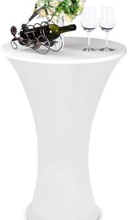 Tegeme Spandex Cocktail Tablecloth Fitted Round Cocktail Table Cloth Stretch Highboy Cocktail Table Covers Tablecloth for Bar Wedding Party Banquet (White,24 x 43 Inch)
