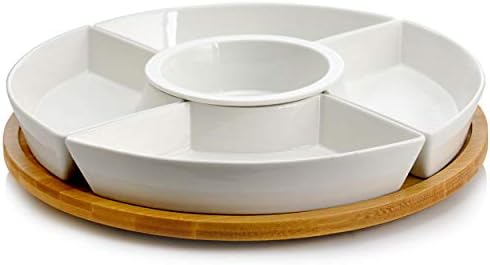 Elama Ceramic Stoneware Condiment Appetizer Set, 6 Piece, Center Piece Round in White and Natural Bamboo