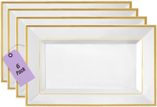 Plastic Serving Tray & Platter Set White Gold Rim Disposable Serving Trays & Platters for Food: Versatile for Appetizers and Ideal for Weddings and Hosting 8 x 13 inches – (6 Pack)