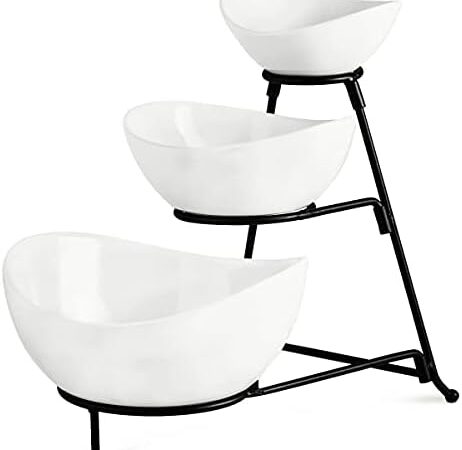 YHOSSEUN 3 Tier Serving Stand with 3 Oval Porcelain Serving Bowl Set with Collapsible Thicker Sturdier Metal Rack (Black)