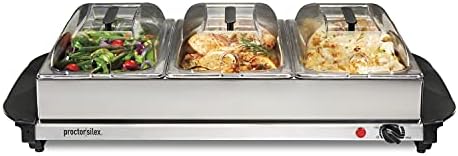 Proctor Silex Buffet Server & Food Warmer, Adjustable Heat, for Parties, Holidays and Entertaining, Three 2.5 Quart Oven-Safe Chafing Dish Set, Stainless Steel