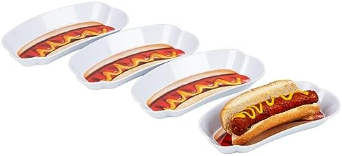 Mind Reader Hot Dog Serving Plate Set, Hosting Essentials, Outdoor Kitchen, Melamine, 8.5″ L x 4.5″ W x 1″ H, 4 pcs, White