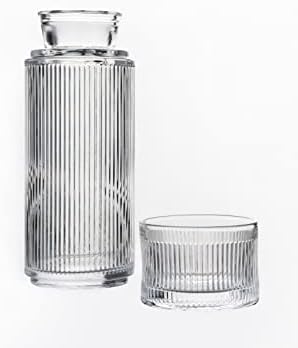Alfi+Mag Bedside Glass Water Carafe and Tumbler Set – 24.7 Oz Water Bottle with 5.7 Oz Drinking Glass Cup for Nightstand, Mouthwash Decanter Bathroom Set, (Ripple Clear Glass)