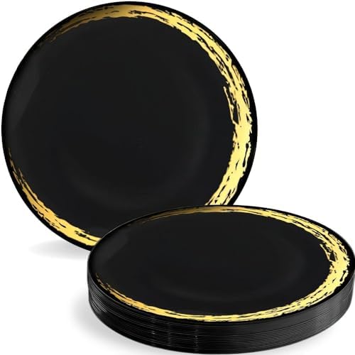 Black Plastic Round Salad Plates With Gold Moonlight Design (Pack of 10) – 7.5″ – Disposable & Gorgeous, Perfect for Parties, Weddings, Catering Events, & More