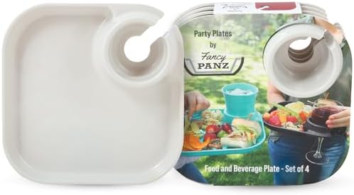 Fancy Panz Party Plates, Reusable Plates for Parties, Made in the USA Plastic Plates with Built In Cup Holder, Camping Plates, Picnic Accessories, Pack of 4 Party Plates, White