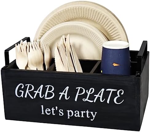 Paper Plate Holder, Utensil Caddy Organizer, Wood Paper Plate Dispenser, Silverware Caddy Holder, and Disposable Coffee Bar Accessories Box for Kitchen Counter, Party, Camping, Picnic (4 compartment)