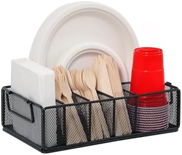 Paper Plate Dispenser with Handle, Metal Paper Plate Holders for Kitchen Counter, Utensil Holder Organizer with 6 Compartments, Silverware Holder Caddy for Cup Fork Spoon Napkin Party Camping
