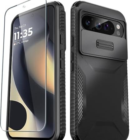 LATVIN for Google Pixel 9/9 Pro Case with 1 Screen Protector, Built-in Slide Camera Cover, Military Grade Drop Protection, Heavy Duty Rugged Shockproof Protective Phone Cover, Black