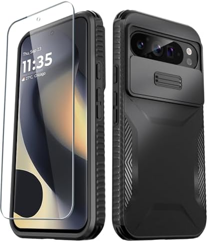 LATVIN for Google Pixel 9/9 Pro Case with 1 Screen Protector, Built-in Slide Camera Cover, Military Grade Drop Protection, Heavy Duty Rugged Shockproof Protective Phone Cover, Black