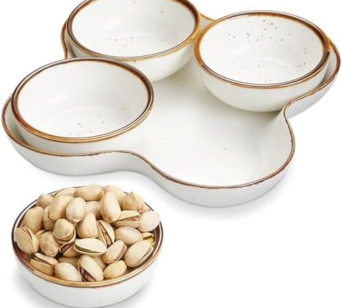 ONEMORE Chip and Dip Serving Set, 8.5 inch Speckled Ceramic Divided Serving Platter Small Appetizer Tray with 4 Removable Dishes for Nuts, Candy, Snacks, Veggies, Rustic Serving Bowls for Entertaining