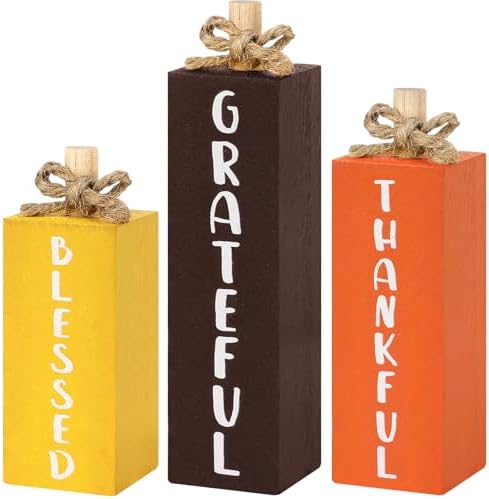 3Pcs Thanksgiving Decoration Table Wood Sign Fall Wooden Centerpiece Autumn Table Decor Gifts Harvest Block Table Tiered Tray Decor for Farmhouse Home Kitchen Mantel Shelf Office Supplies