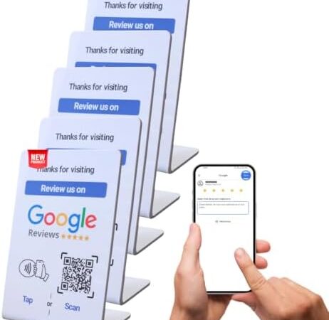 NFC Tag Google Review Stand – Digital Business Card to Boost Customer Reviews – Tap NFC & Scan QR code – Business sign holder – No Fee, No Subscription – Works on iPhone, Android (White, 5 Large Stands)