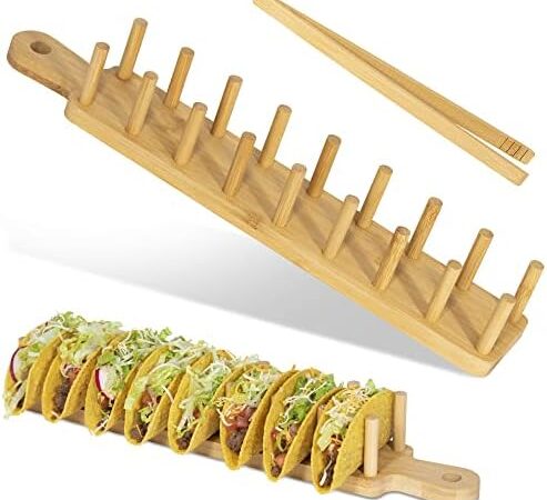 Bamboo Taco Tray with Tong, Sold ONLY by ALEX & EVE HOME, Taco Holder Holds 8, Taco Shell Holder. Design Allows for Multi-Use Food Tray, Charcuterie Tray. Great Housewarming Gift & Kitchen Accessory.