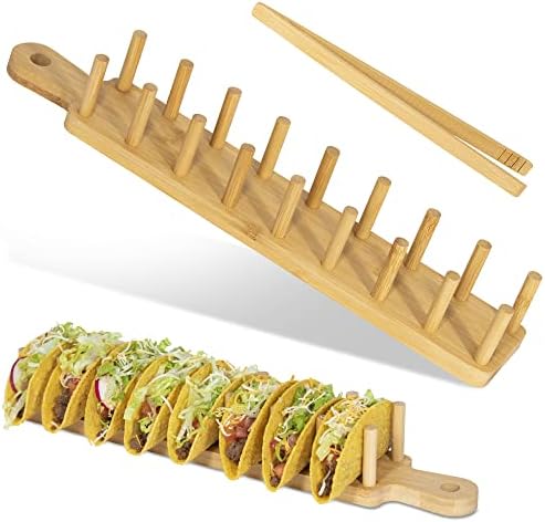 Bamboo Taco Tray with Tong, Sold ONLY by ALEX & EVE HOME, Taco Holder Holds 8, Taco Shell Holder. Design Allows for Multi-Use Food Tray, Charcuterie Tray. Great Housewarming Gift & Kitchen Accessory.