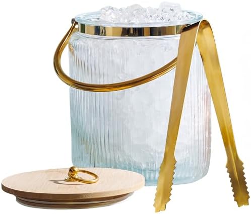 Glass Ice Bucket with Airtight Lid, Ice Tong Scooper and Handle – 3L Ribbed Beverage Tub Cocktail Home Bar Accessories, Wine, Beer – Chiller for Parties, Champagne Drink Tub Cooler with Hinged Handles