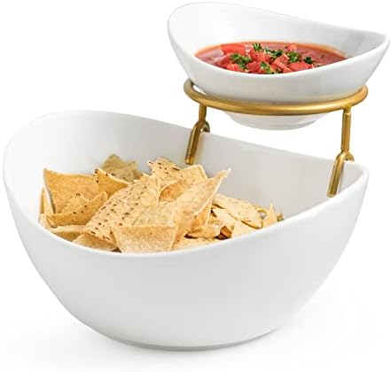 Porcelain Serving Bowl Set for Appetizer Serving Dishes Set with 2 Compartment, Chip and Dip Taco Rack Display Salad Bar Serving Set, Gold Stand