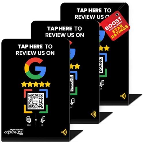 Google Review NFC & QR Tap Stand by Capture 360, NFC Zappy Instant Review stand – All Phones Compatible – Friendly Dashboard, Live Analytics, Reusable stand, Boost Business Feedback – Black, Pack of 3