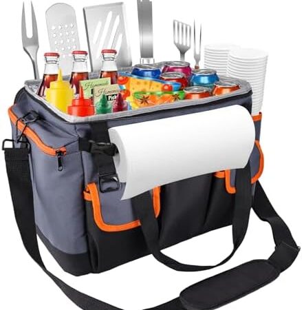 Large Grill and Picnic Caddy with Paper Towel Holde Foldable BBQ Organizer Easy Carry Griddle Caddy for Tailgate Party, BBQ, Camping Trip, Outdoor Picnic Gathering