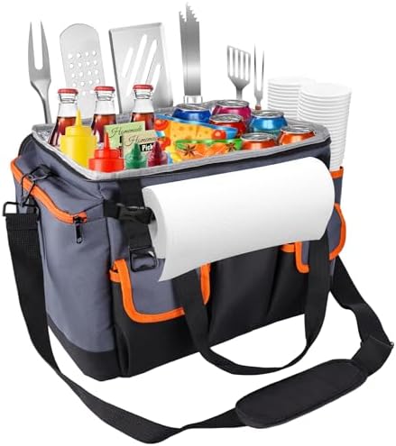 Large Grill and Picnic Caddy with Paper Towel Holde Foldable BBQ Organizer Easy Carry Griddle Caddy for Tailgate Party, BBQ, Camping Trip, Outdoor Picnic Gathering