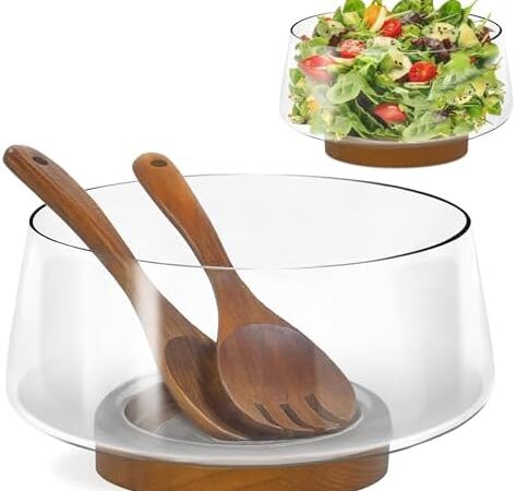 Salad Bowl, Salad Serving Bowl Extra Large, Serving Bowls with Solid Wood Base, Hosting Essentials (Clear)