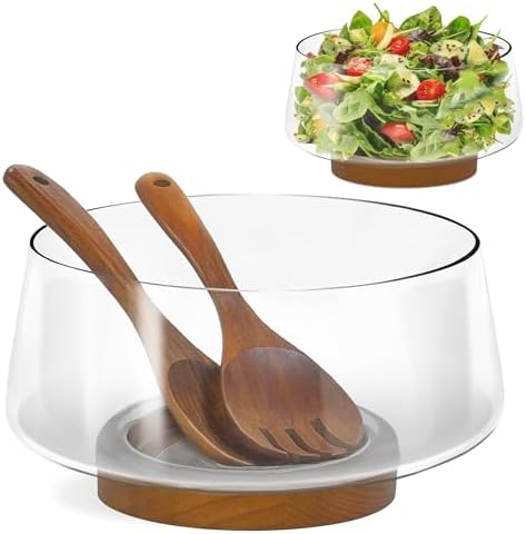 Salad Bowl, Salad Serving Bowl Extra Large, Serving Bowls with Solid Wood Base, Hosting Essentials (Clear)