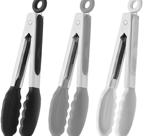 Small Silicone Tongs 7-Inch Mini Serving Tongs, Set of 3 (Black Gray White)
