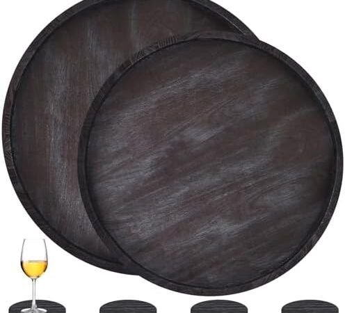 Suzile 2 Pcs Extra Large Round Ottoman Serving Tray with Handle 23″ 21″ Black Rustic Wooden Serving Tray with 4 Coasters Heavy Duty Round Charcuterie Board Decorative Organizer Tray for Home