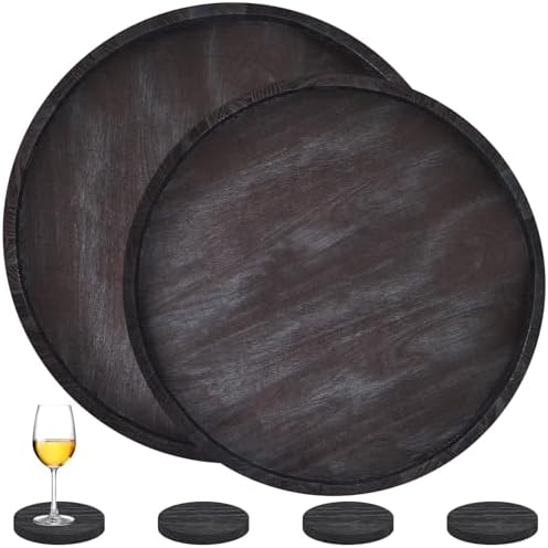 Suzile 2 Pcs Extra Large Round Ottoman Serving Tray with Handle 23″ 21″ Black Rustic Wooden Serving Tray with 4 Coasters Heavy Duty Round Charcuterie Board Decorative Organizer Tray for Home