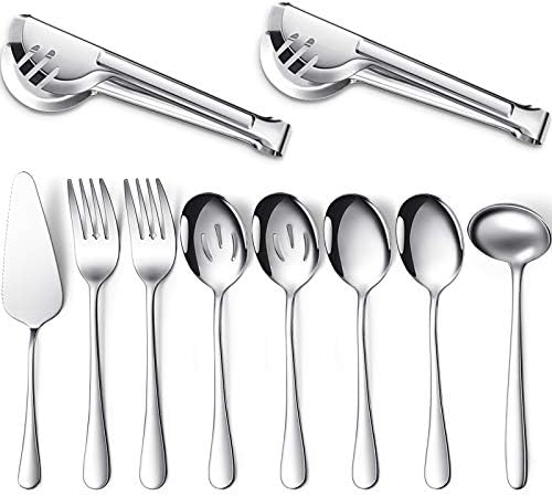 10-Piece Dishwasher Safe Silver Serving Utensil Set – Includes Spoons, Forks, Tongs, Ladle, and Pie Server