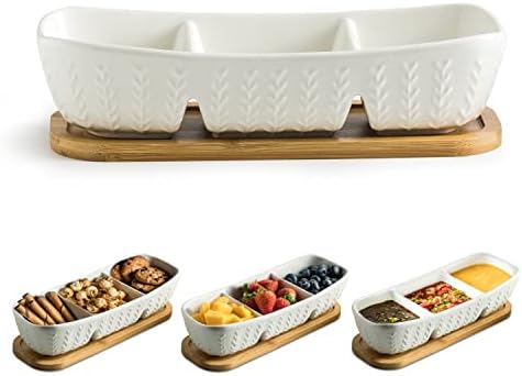 3 Compartment Condiment Tray Hospitality Tray, Chip and Dip Bowl with Wooden Serving Tray, Perfect for Snacks, Appetizers, Charcuterie, Chips, Candy, 10-inch Dip Trays for Parties