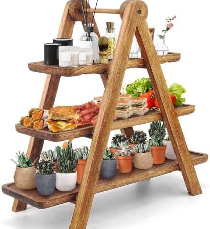 Manspdier Wood 3 Tier Serving Tray Three Tiered Cupcake Stand, Rectangle Serving Platter Wooden Farmhouse, Party Serving Brown Decorative Tray Decor