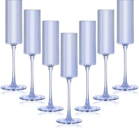 16 Pack Plastic Champagne Flutes, 5.5 Oz Unbreakable Goblet Glasses Reusable Champagne Toasting Cups & Elegant for Wedding Party Anniversary Christmas Birthday (5.5oz-Ribbed-Blue-16pack)