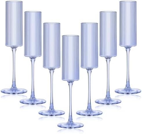 16 Pack Plastic Champagne Flutes, 5.5 Oz Unbreakable Goblet Glasses Reusable Champagne Toasting Cups & Elegant for Wedding Party Anniversary Christmas Birthday (5.5oz-Ribbed-Blue-16pack)