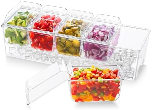 Lifewit Ice Chilled Condiment Caddy with 5 Containers(2.5 cup), Condiment Server with Separate Lids, Serving Tray Platter with Removable Dishes for Bar Accessories, Fruit, Salad, Taco, Party Garnish