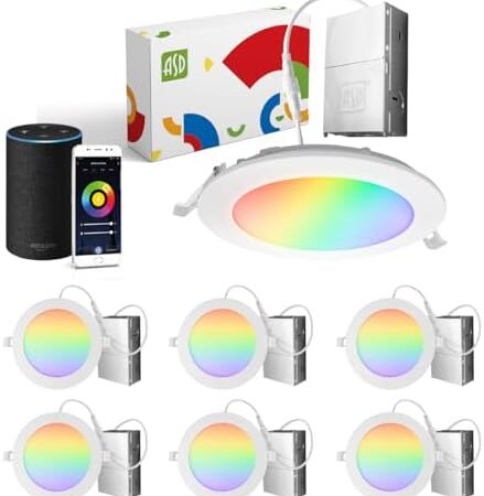 ASD LED Smart Recessed Lighting 6 Inch 15W, RGBW Color Changing Lights, Compatible with Alexa & Google Assistant, Dimmable 2700K-6500K Selectable RGB Lights, WiFi Bluetooth Ceiling Light, ETL, 6 Pack