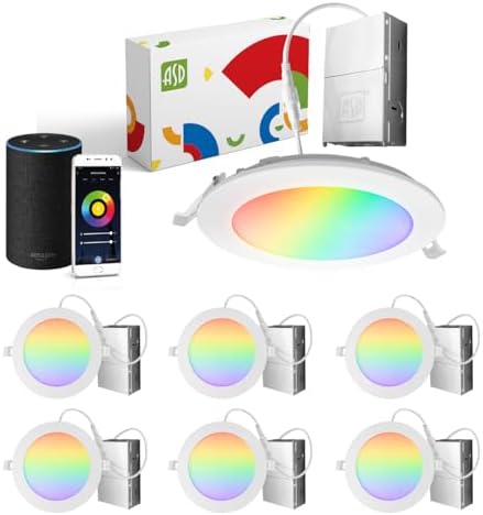 ASD LED Smart Recessed Lighting 6 Inch 15W, RGBW Color Changing Lights, Compatible with Alexa & Google Assistant, Dimmable 2700K-6500K Selectable RGB Lights, WiFi Bluetooth Ceiling Light, ETL, 6 Pack