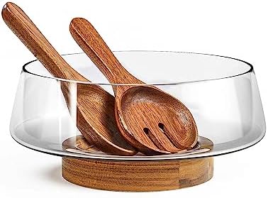 Extra Large Glass Salad Bowl Set – Salad Bowls for Party with Acacia Wood Base and Salad Serving Utensils – Elegant and Practical Kitchen Must-Have
