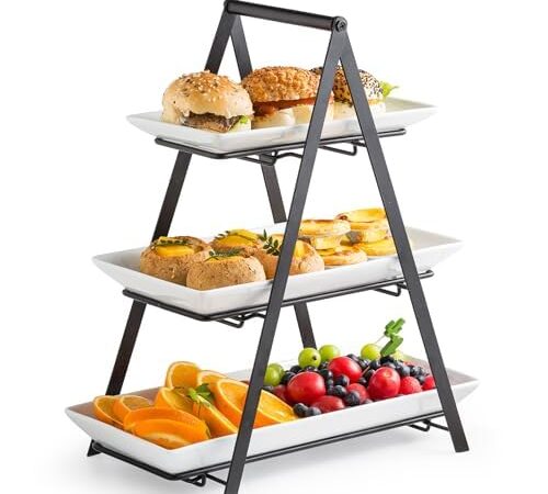 YHOSSEUN 3 Tier Serving Tray Tiered Tray Stand, Ceramic Serving Platters and Trays with Metal Rack, 10+12+14 Inch Large Serving Trays for Party 3 Tier Serving Stand Dessert Display Stand, Black