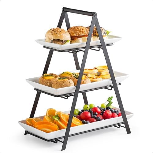 YHOSSEUN 3 Tier Serving Tray Tiered Tray Stand, Ceramic Serving Platters and Trays with Metal Rack, 10+12+14 Inch Large Serving Trays for Party 3 Tier Serving Stand Dessert Display Stand, Black