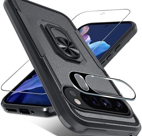 Janmitta for Google Pixel 9/9 Pro Case with Screen Protector+Camera Lens Protector,Heavy Duty Shockproof Full Body Phone Cover Built in Metal Ring Holder Kickstand,2024 Black Matte