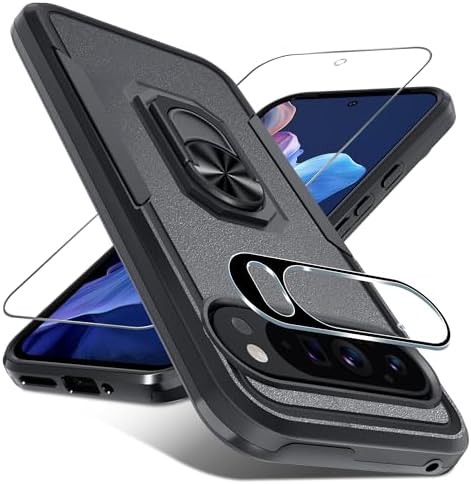 Janmitta for Google Pixel 9/9 Pro Case with Screen Protector+Camera Lens Protector,Heavy Duty Shockproof Full Body Phone Cover Built in Metal Ring Holder Kickstand,2024 Black Matte