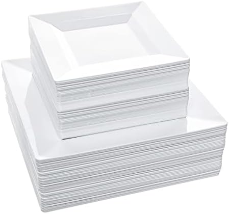 Disposable Square Plastic Plates – 100 Pack – 50 x 9.5 Dinner and 50 x 6.5 Salad Combo Plate – Premium Heavy Duty – Fancy and perfect for a Party, Wedding, or Birthday