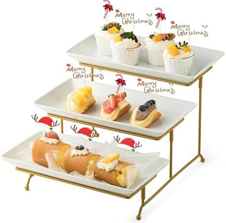 Gomakren 3 Tier Serving Stand with Porcelain Serving Platter Tray – Collapsible Gold Stand with 3 Piece Large14 Inch White Plates for Food Presentation Dessert Server Display and Entertaining