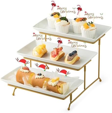 Gomakren 3 Tier Serving Stand with Porcelain Serving Platter Tray – Collapsible Gold Stand with 3 Piece Large14 Inch White Plates for Food Presentation Dessert Server Display and Entertaining